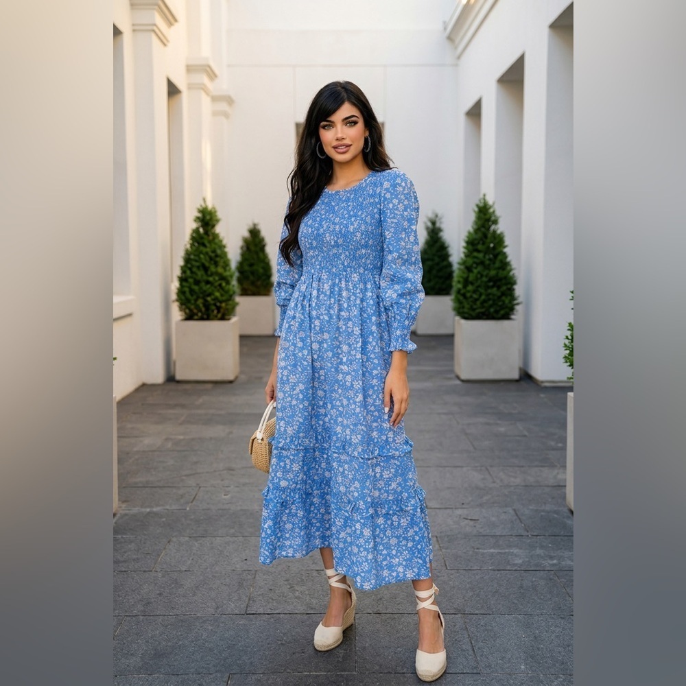 Pink City Prints Blue Floral Tiered Maxi Dress – Size Large